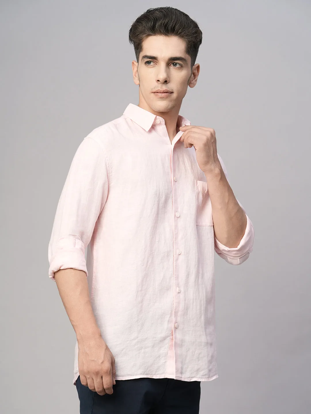 Men's Pink 100% Linen Regular Fit Shirt