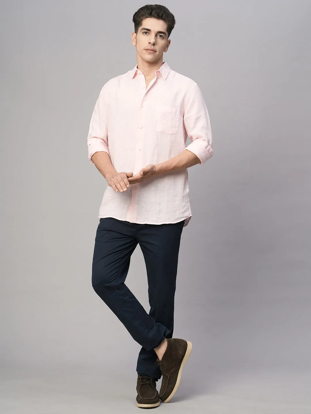 Men's Pink 100% Linen Regular Fit Shirt