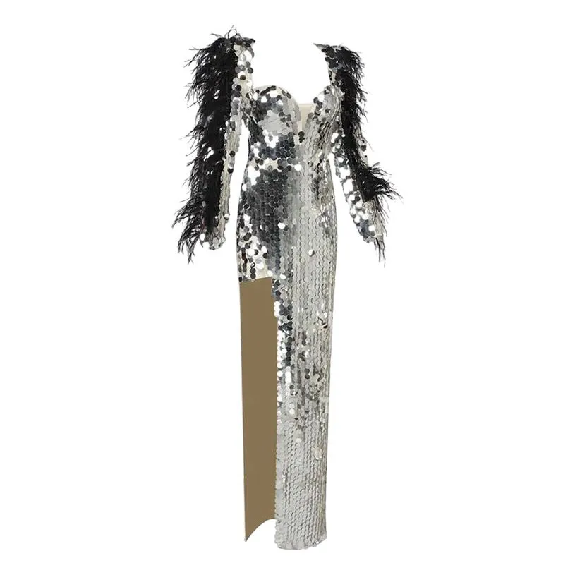 NADINE Silver Embellished Feather Dress