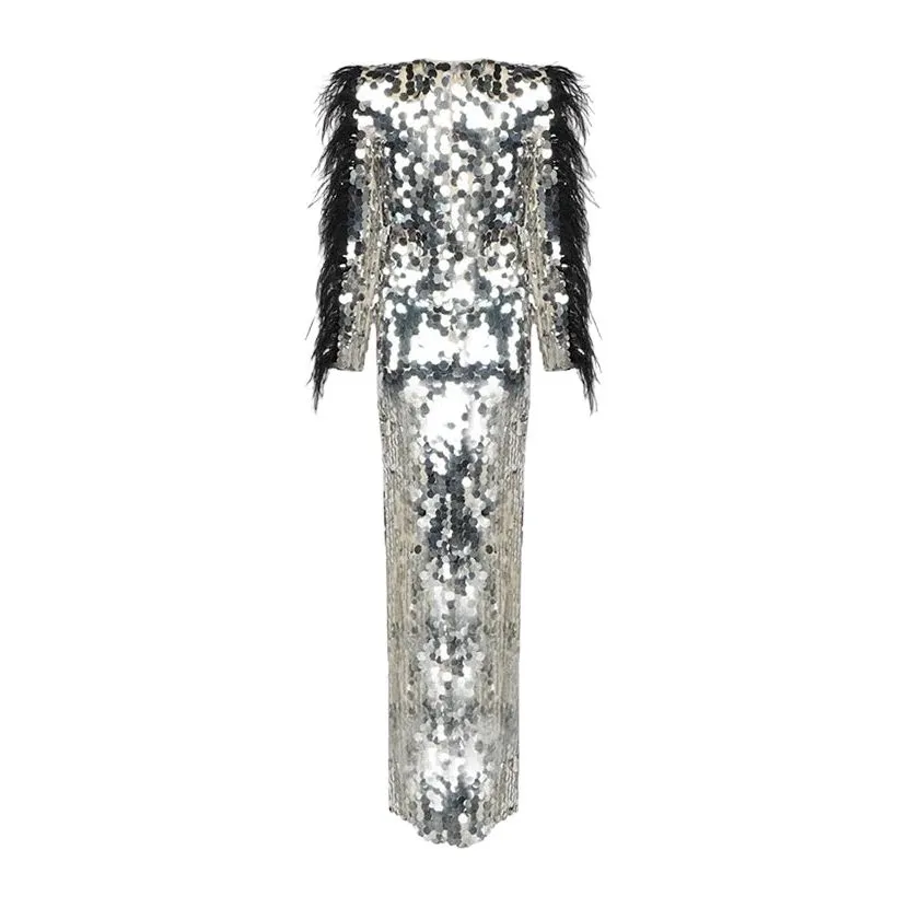 NADINE Silver Embellished Feather Dress