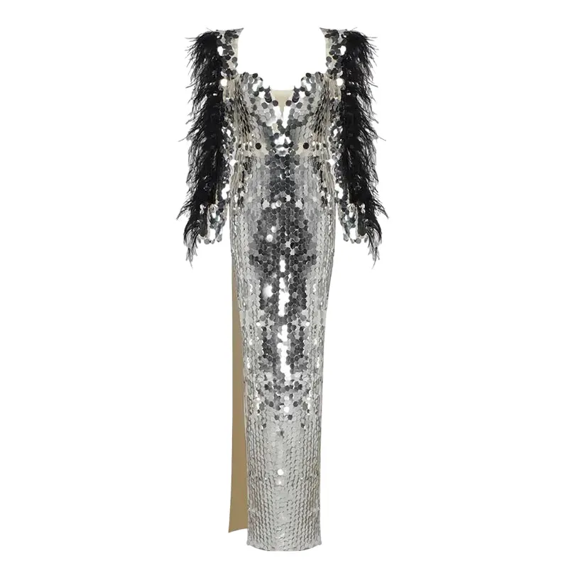 NADINE Silver Embellished Feather Dress