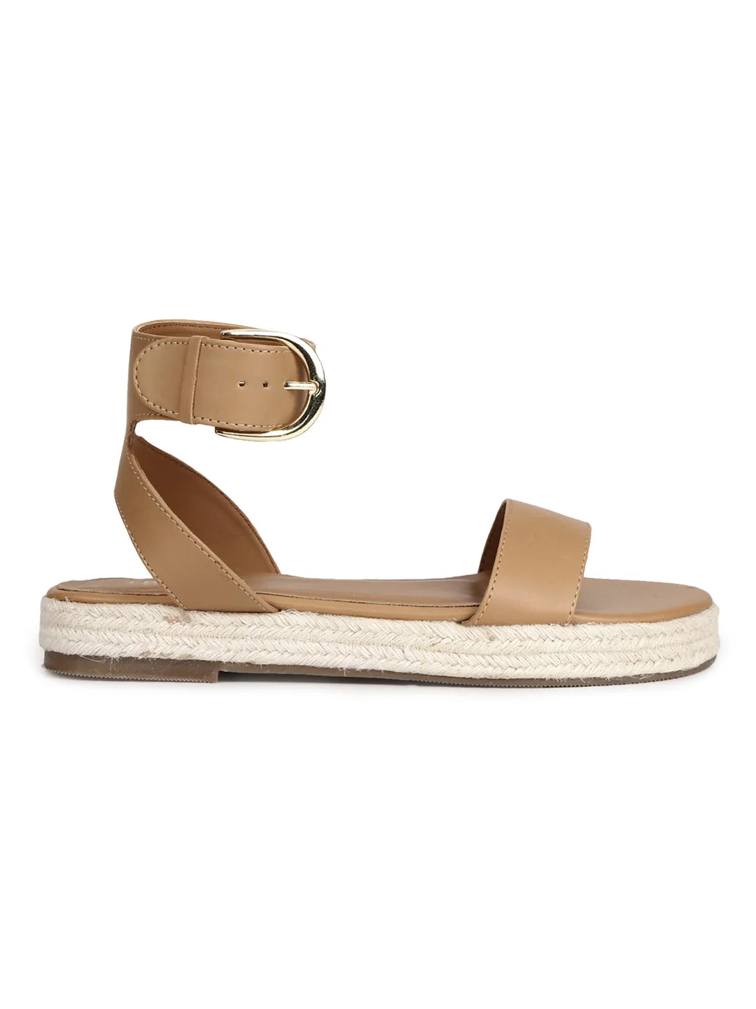 Nude PU Jute Espadrilles With Ankle Strap