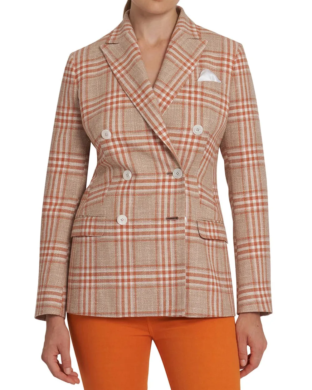 Orange and Beige Plaid Double Breasted Jacket