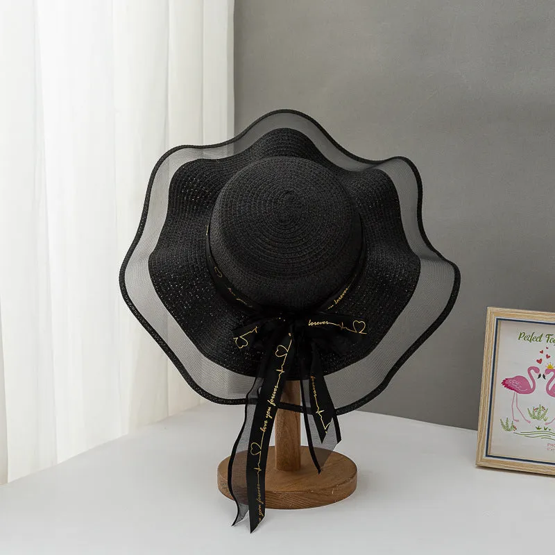 Paziye Straw Hat Bow Lace Beach Hat