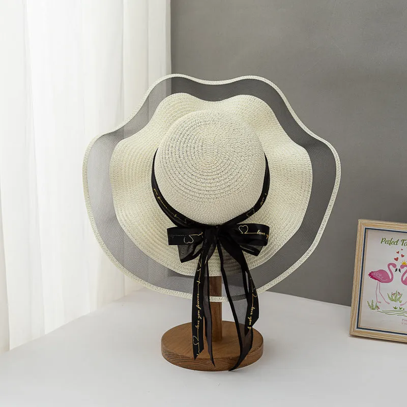 Paziye Straw Hat Bow Lace Beach Hat