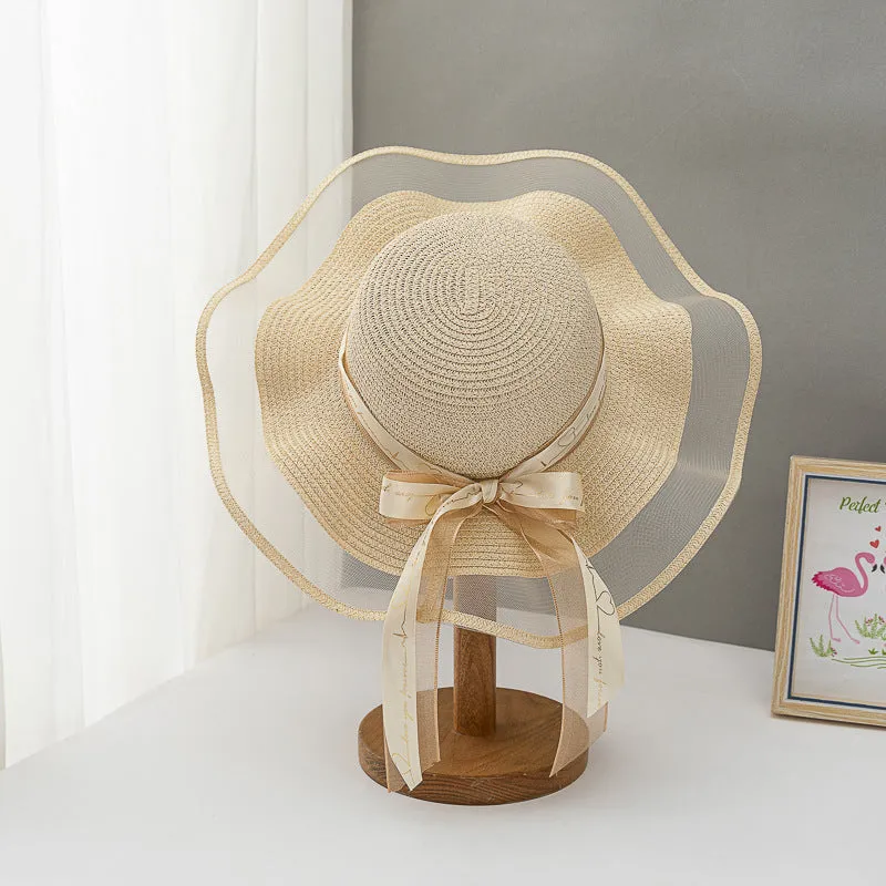 Paziye Straw Hat Bow Lace Beach Hat