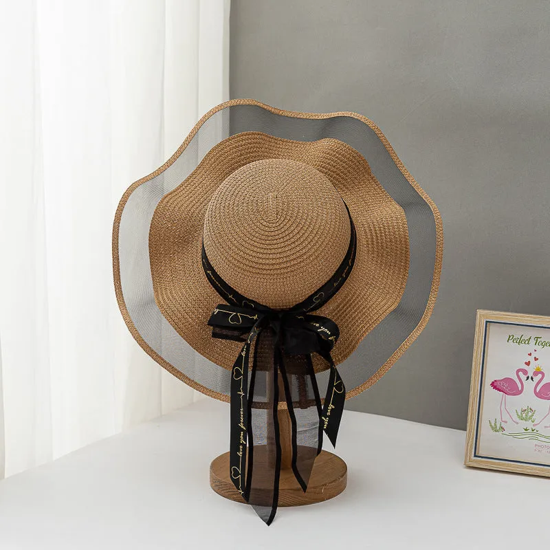 Paziye Straw Hat Bow Lace Beach Hat