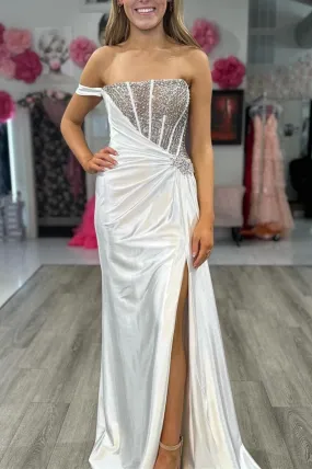 Sapph | Asymmetrical White Satin Beaded Long Formal Dress with Attached Train