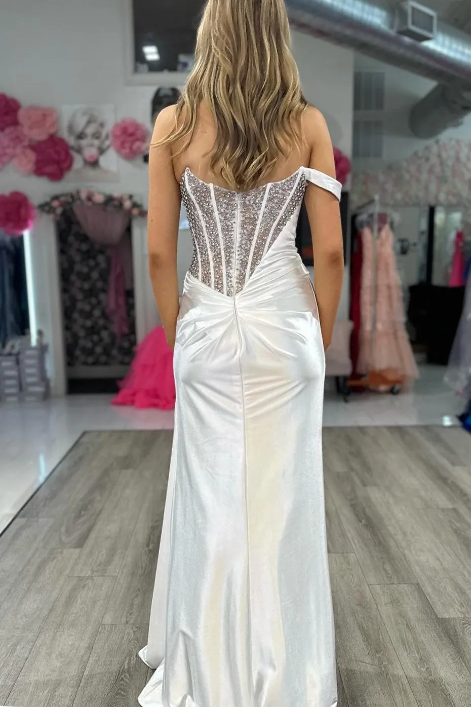 Sapph | Asymmetrical White Satin Beaded Long Formal Dress with Attached Train