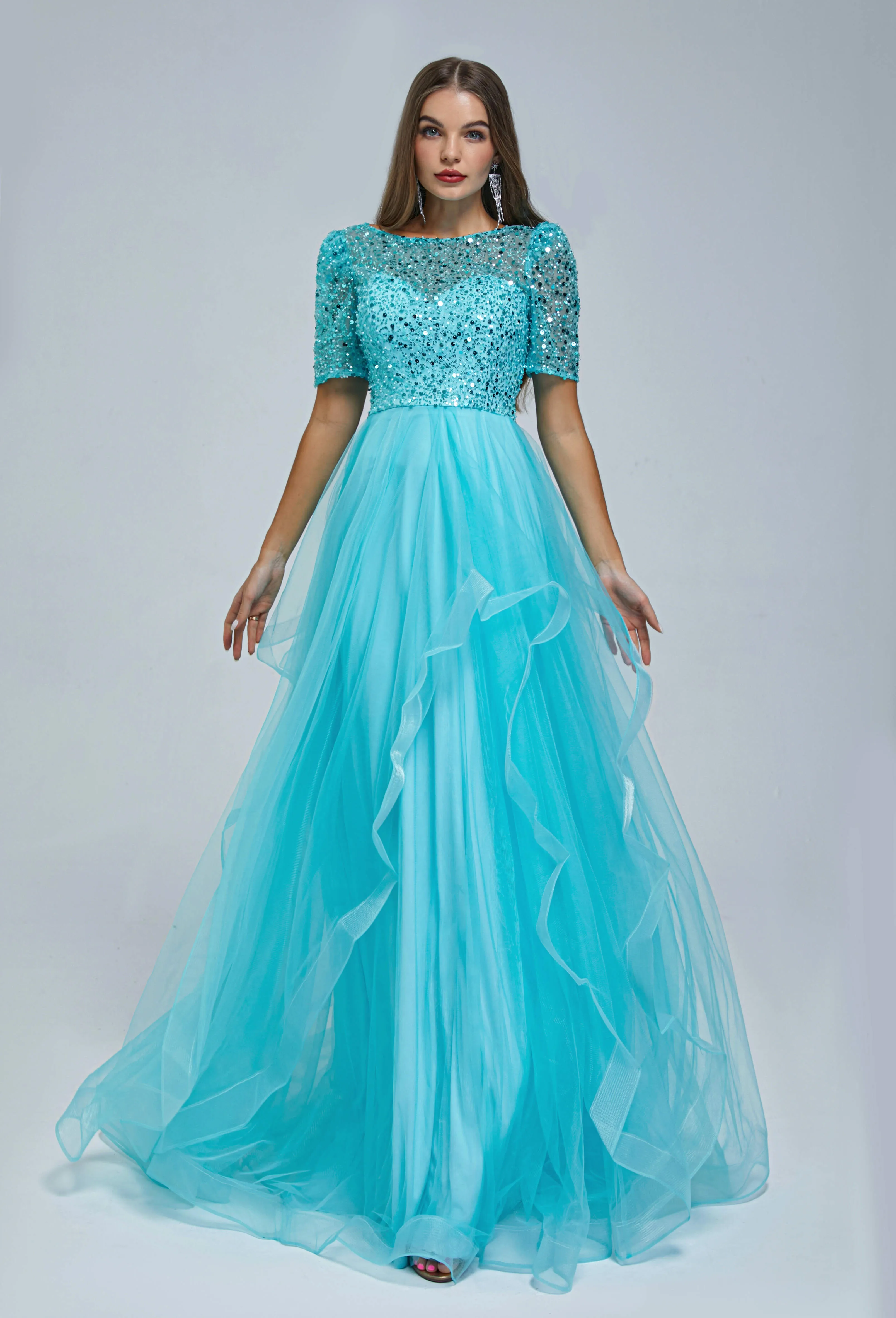 Short Sleeve Tulle Beaded Sequins Long Prom Dresses FZ001