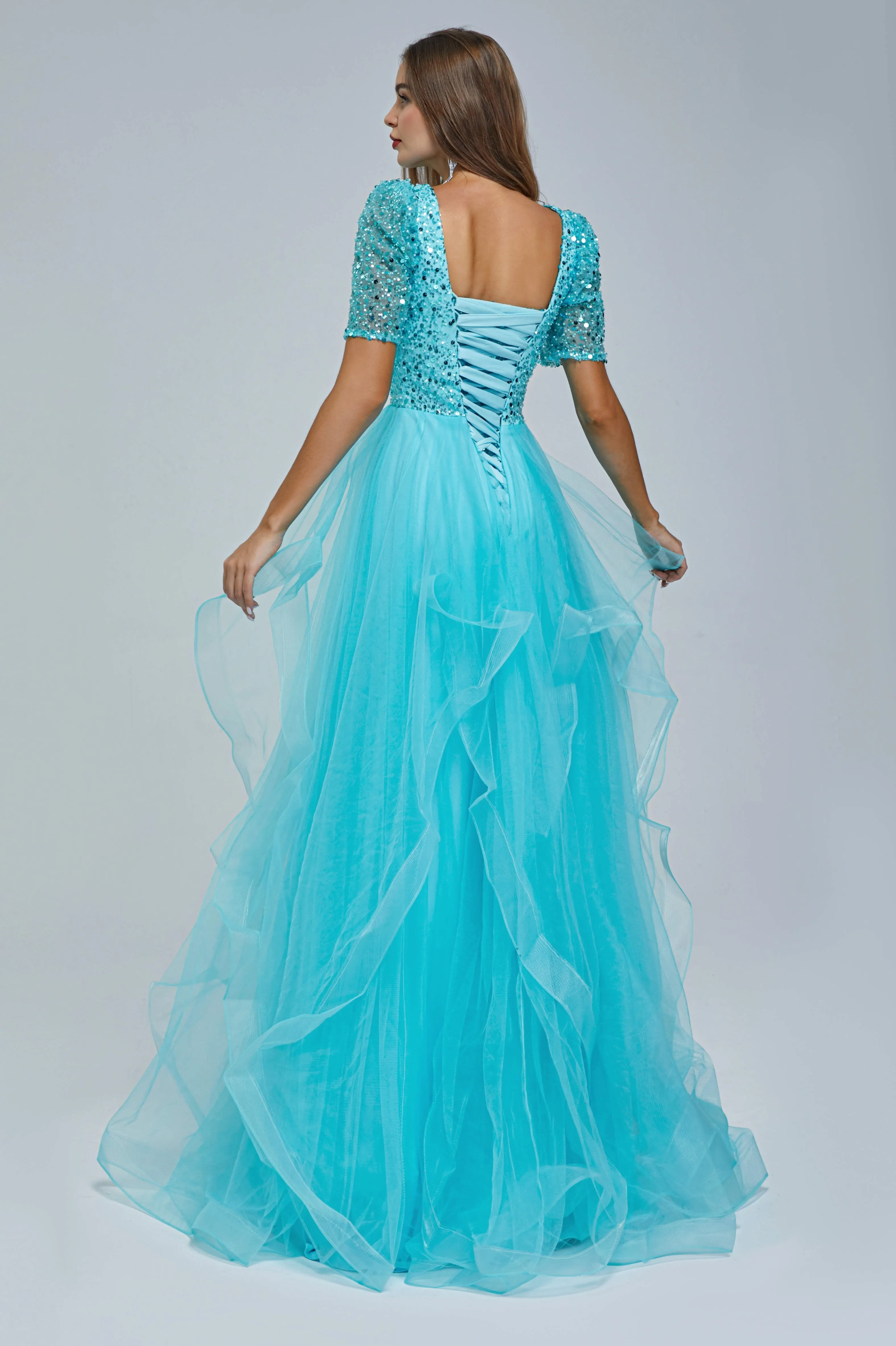 Short Sleeve Tulle Beaded Sequins Long Prom Dresses FZ001