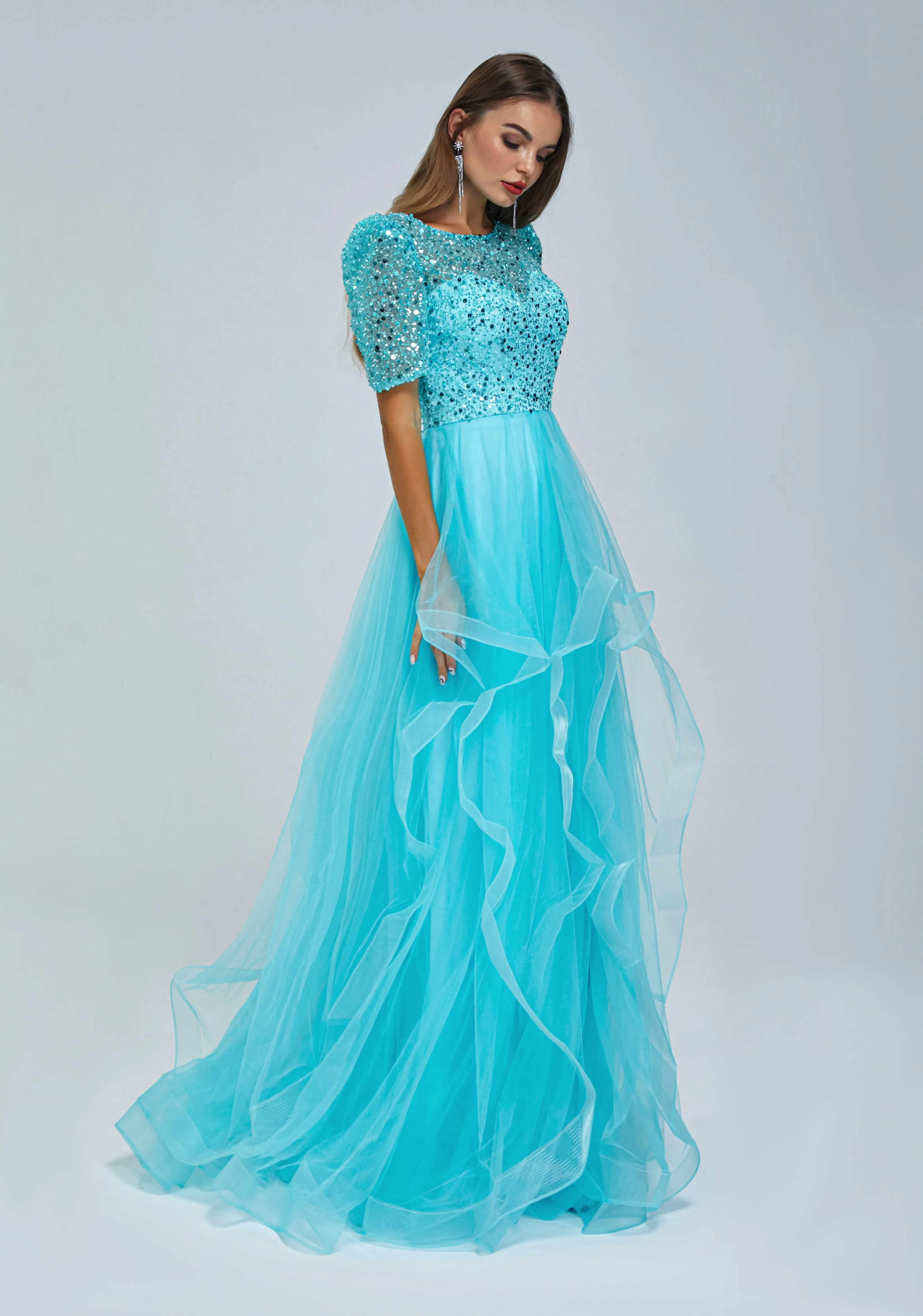 Short Sleeve Tulle Beaded Sequins Long Prom Dresses FZ001