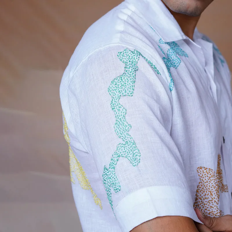 Unisex Linen Half Sleeves Shirt | White | Hand Embroidered