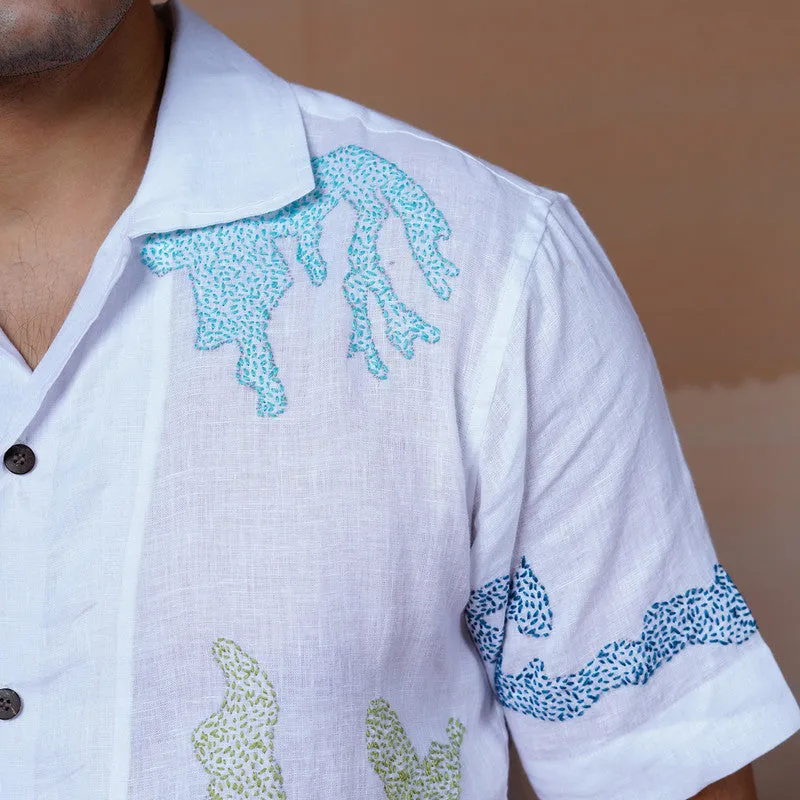 Unisex Linen Half Sleeves Shirt | White | Hand Embroidered