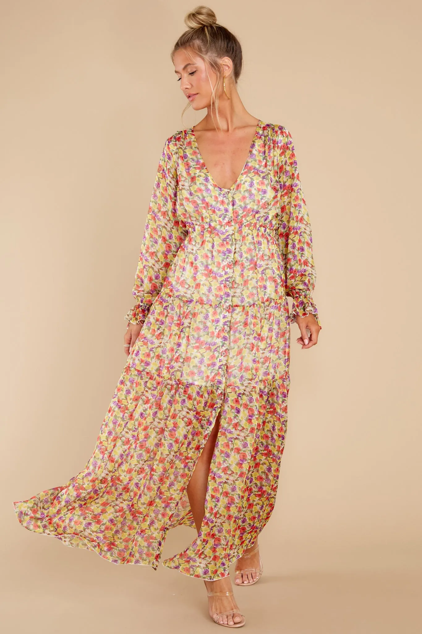 View From The Meadow Yellow Floral Print Maxi Dress