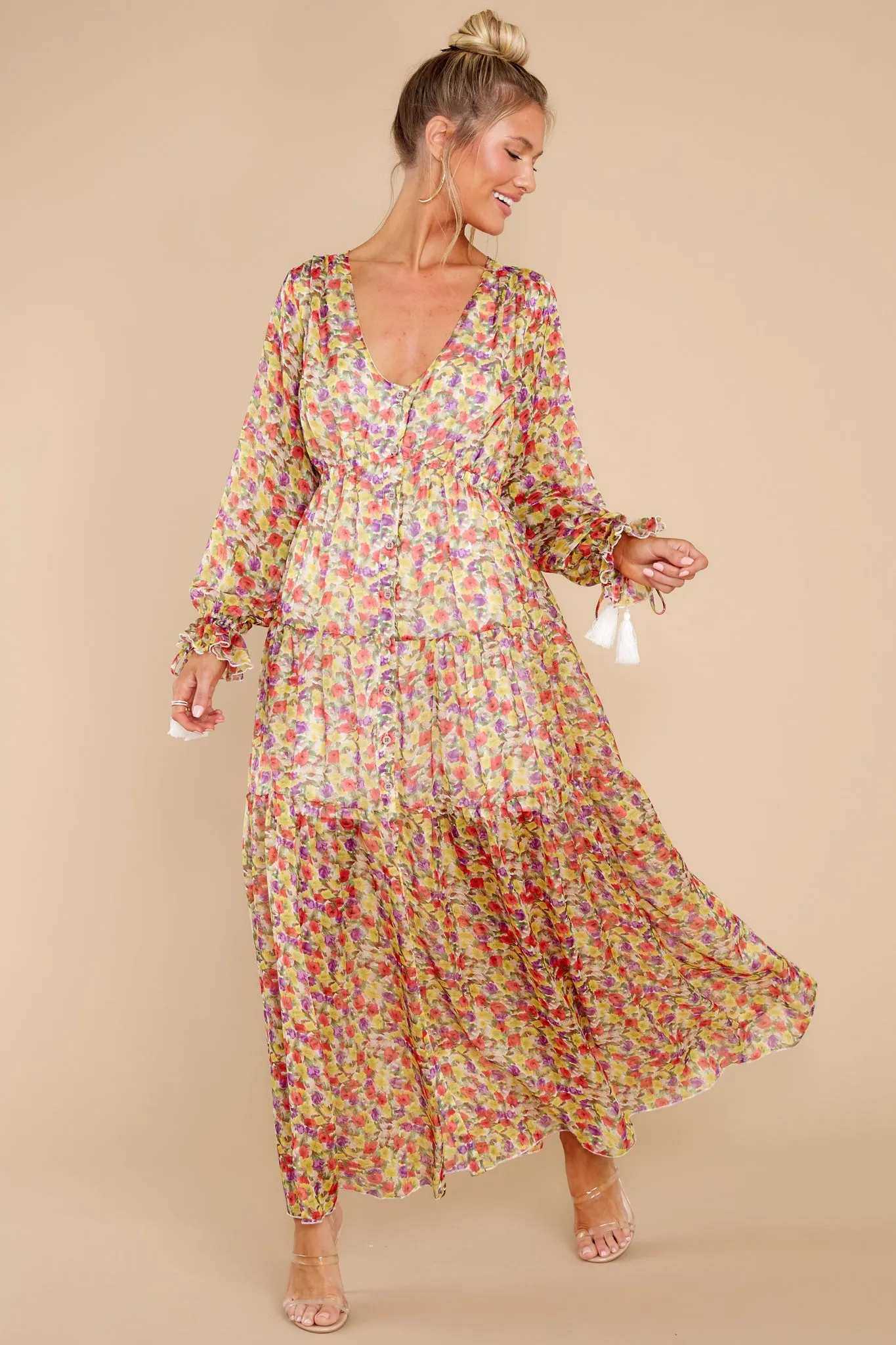 View From The Meadow Yellow Floral Print Maxi Dress