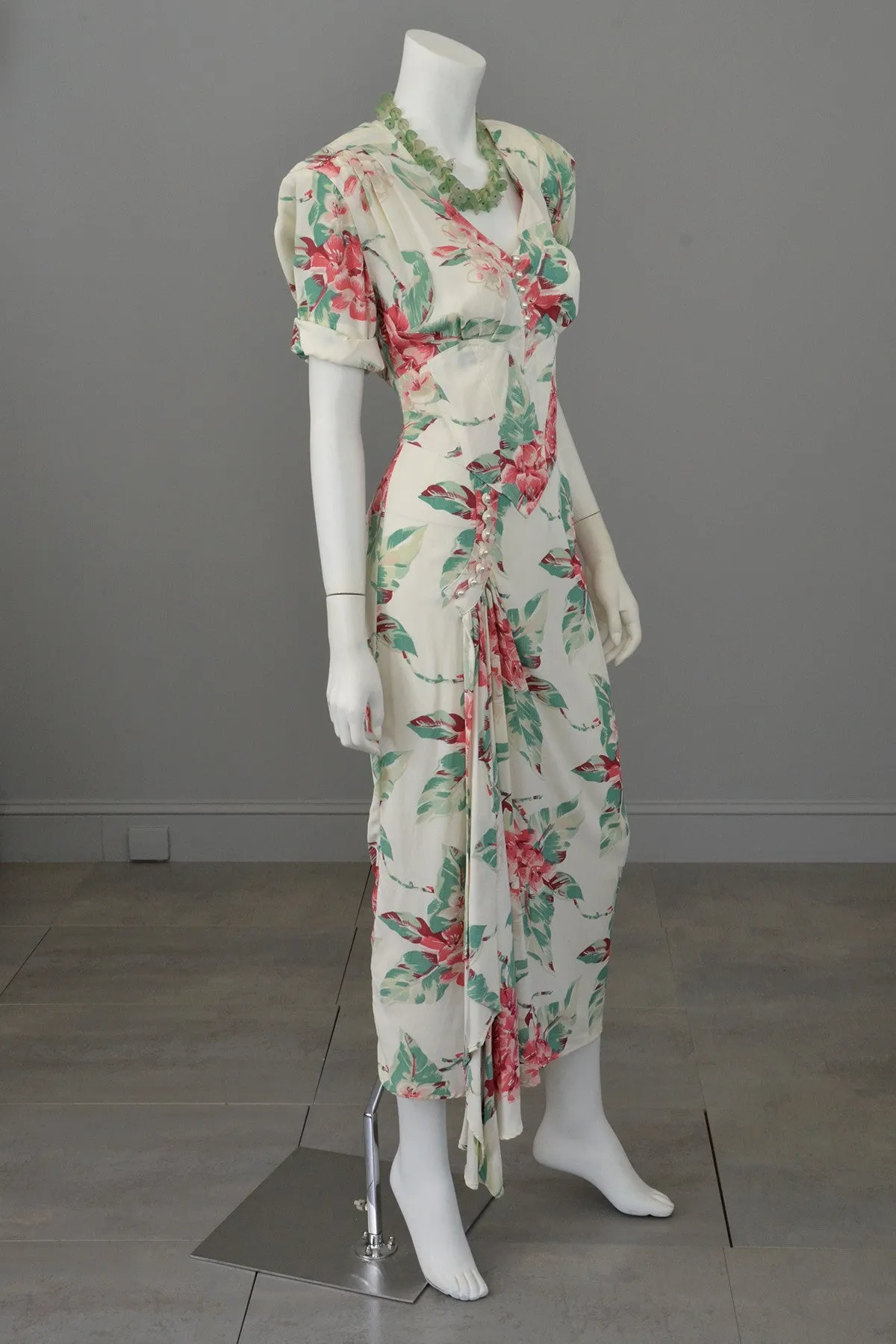 Vintage 80s does 40s Tropical Floral Print Swag Dress by Karen Alexander