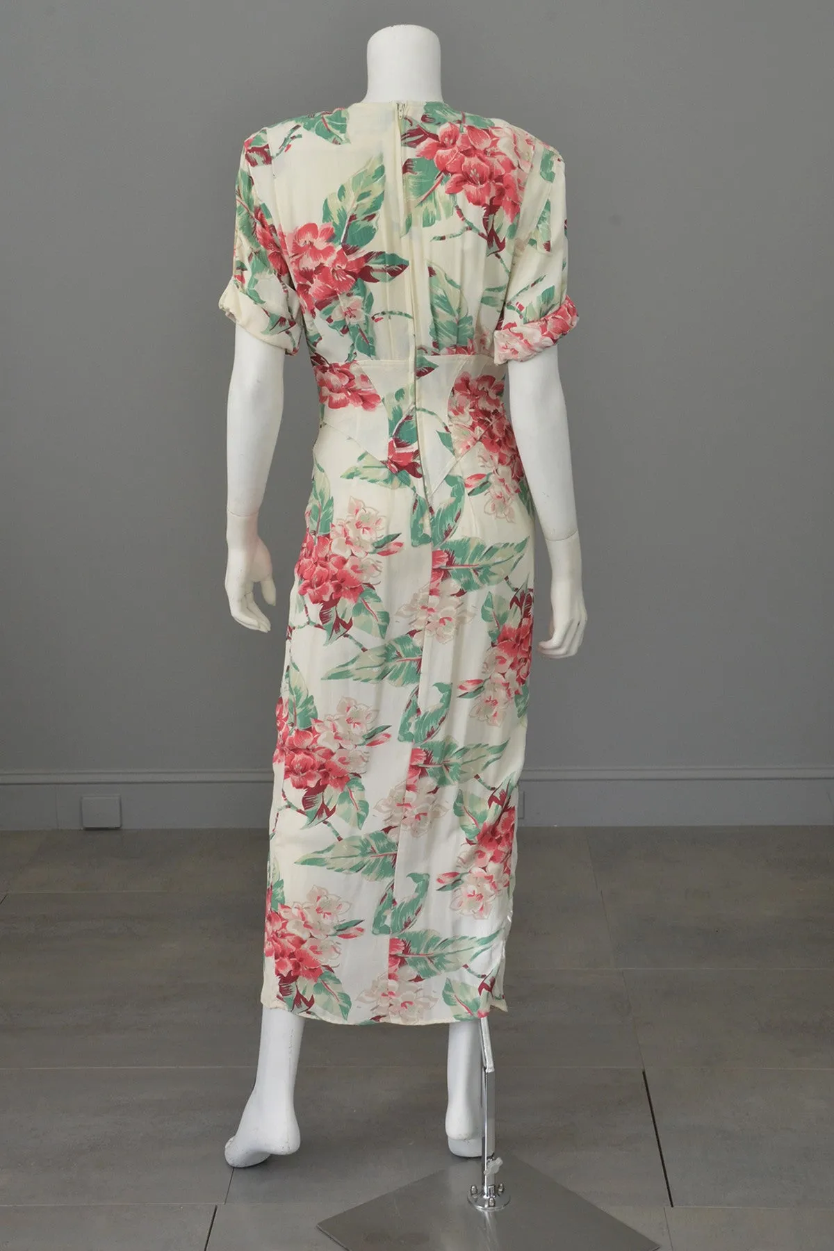 Vintage 80s does 40s Tropical Floral Print Swag Dress by Karen Alexander